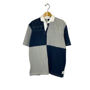 Men's Large Orvis Sample Blue Patchwork Contrast Stitch Polo Shirt Cotton NWOT